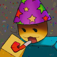 a drawing of a person wearing a party hat and holding a box with confetti on it