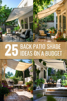 A collage of four images showcasing budget-friendly back patio shade ideas. Each patio features different styles of shading, including retractable awnings and sail shades. The patios are furnished with comfortable seating, tables, and are surrounded by lush greenery and potted plants, creating inviting and relaxing outdoor spaces. Shade Solutions For Backyard, Diy Backyard Shade Ideas Budget, Garage Shade Ideas, Easy Shade Ideas For Backyard, Back Patio Shade Ideas, Shade For Deck Ideas, Renter Friendly Patio Shade, Shade Backyard Ideas, Adding Shade To Backyard