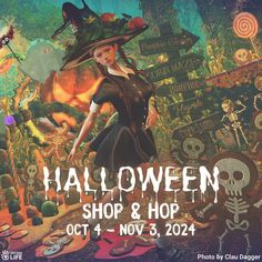 a poster for halloween shop and hop with a woman in a witch costume holding a broom