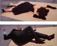 two pictures of a man laying on the ground with his legs crossed and feet spread out