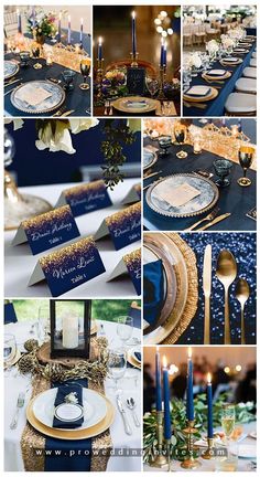 a collage of photos with blue and gold decorations, candles, place settings, and napkins