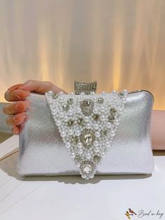 BirdinBag - Exquisite Wedding & Party Clutch with Faux Pearl and Rhinestone Embellishments Party Embellished Pearl Evening Bag, Elegant Embellished Evening Bag For Prom, Elegant Embellished Evening Bag For Banquet, Embellished Pearl Bags For Party, Pearl Embellished Bags For Party, White Embellished Evening Bag For Party, Party Pearl Embellished Bags, Glamorous Pearl Evening Bag For Wedding, Pearl Embellished Party Bags