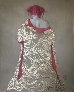 a painting of a woman with red hair wearing a white dress and gold trimmings