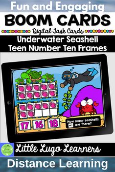 an ipad screen with the text, fun and engaging boom cards underwater seashell teen number ten frames