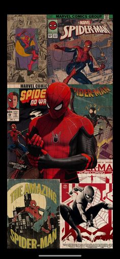 spider - man collaged with comic covers and other things in the background, as well as text