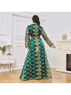 Women Elegant Dresses, Stylish And Comfortable Moroccan Muslim Embroidered Two-piece Dress Robe Green Embroidered Long Sleeve Festive Dress, Green Long Sleeve Dress For Eid, Green Long Sleeve Embroidered Festive Dress, Green Floral Embroidered Dress For Eid, Green Floral Embroidery Dress For Eid, Festive Long Sleeve Green Embroidered Dress, Green Embroidered Long Sleeve Dress For Eid, Green Long Sleeve Embroidered Dress For Eid, Elegant Green Embroidered Long Sleeve Dress