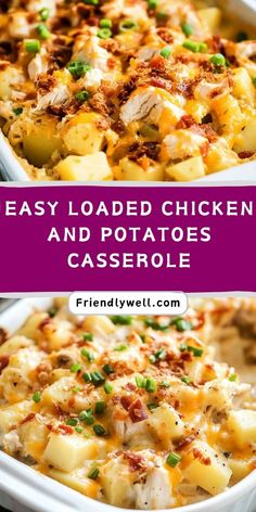 easy loaded chicken and potatoes casserole in a white baking dish with text overlay