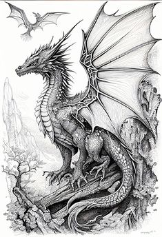 a black and white drawing of a dragon