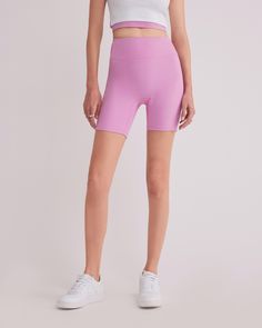 DETAILS: Color: Bubble gum pink High waist biker shorts with side contrast fabric Super soft & delicate brushed body fabric Medium weight 2x2 ribbed fabric on side panel Rubberized brand logo detail at back waist Body: 77% Nylon, 23% Spandex Contrast fabric: 93% Polyester, 7% Spandex Machine wash SIZE & FIT: Fits true to size Waist: 10 3/4" Inseam: 7" Model is wearing a size S Pink High Stretch Athletic Shorts For Sports, High Stretch Pink Athletic Shorts For Sports, High Stretch Pink Sports Shorts, Pink High Stretch Biker Shorts For Workout, High Stretch Pink Biker Shorts For Workout, Pink High-stretch Sports Shorts, High Stretch Pink Athleisure Shorts, Pink Training Shorts For Spring, High Waist High Stretch Pink Shorts