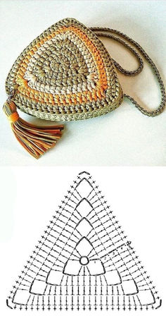 a crocheted purse with a tasselled strap and an image of the pattern