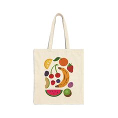 Tote bag featuring hand-illustrated design by ArtByJaclynH. This 100% cotton bag comes in one size - 15" x 16"- perfect for everyday wear. This canvas material is durable and will last for years. The bag features 20" handles (made from the same canvas), making it easy to carry even with a week's worth of shopping. .: 100% cotton canvas .: Heavy fabric (12 oz/yd² (406.9 g/m .: Sewn-in label Organic Canvas Rectangular Bag, Everyday Multicolor Bags With Graphic Print, Organic Rectangular Canvas Bag, Everyday Multicolor Graphic Print Bags, Fruit Tote Bag, Fruit Grapes, Kiwi Berries, Grape Apple, Strawberry Art