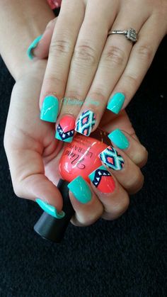 Santa Fe Nails, Livestock Show Nails, Arizona Nails Designs, Summer Country Nails, Nail Simple Art, Summer Nails Western, Native Nail Designs, Turquoise Country Nails, Southwestern Nails