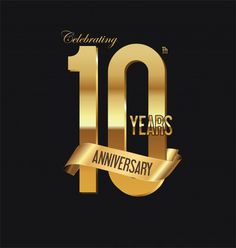 an anniversary card with the number ten and gold ribbon on black background, celebrating 10 years