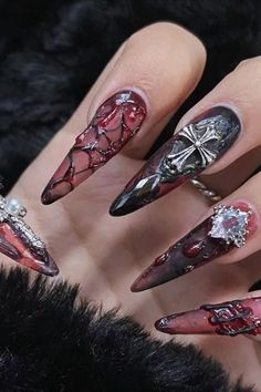 Diablo Wind Premium luxury handmade Almond nails Halloween Stiletto, Red Fake Nails, Long Press On Nails