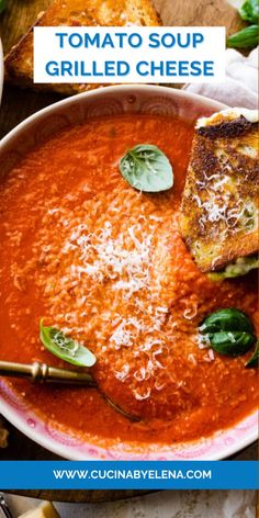 tomato soup with grilled cheese in a bowl