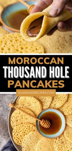 this is an image of moroccan thousand hole pancakes with honey and syrup in the middle