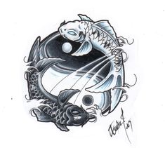 a black and white drawing of a koi fish