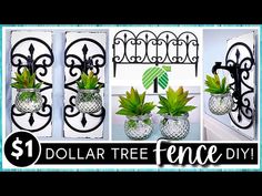 three vases with plants in them and the words dollar tree fence diy on it