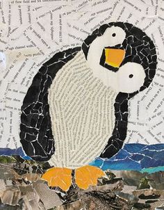 a penguin with words all over it and some type of writing on the back ground