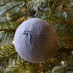 an ornament hanging from a christmas tree with a face drawn on the ball