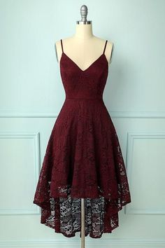 Burgundy Bridesmaid Dresses Lace, Grade 8 Grad Dresses, High Low Lace Dress, Lace Prom Dress, Semi Formal Dresses, Cute Prom Dresses, Lace Homecoming Dresses, Burgundy Lace, فستان سهرة