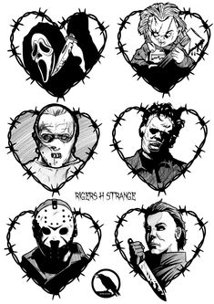 four different faces drawn in black and white with barbed wire around them, each depicting the same character