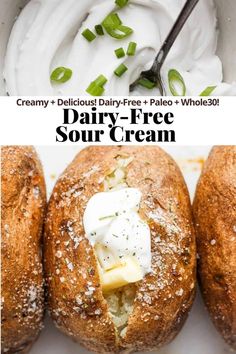 dairy - free sour cream in bread bowls with text overlay