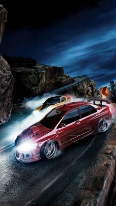 two cars driving on a road at night with lights coming from the front and back