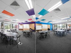 two pictures of the same room with tables and chairs, one in different colors on the ceiling