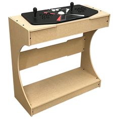 a wooden table with two trays on each side and one shelf holding an electronic device