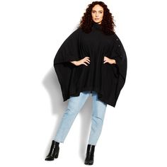 Ditch the coat and make a statement in the Emilia Cape! This edgy outerwear piece is perfect for those chilly days or nights when you want to show off your style. The turtleneck design keeps you warm, while the cape sleeves and handkerchief hem add a touch of drama. The silver button detailing on one side is both unique and chic. Made from a soft knit fabrication, this cape is sure to keep you comfortable all day or night long. Bold and fiercely fashionable, no one does plus size fashion like Ci Oversized Long Sleeve Black Cape, Black Cape Outerwear For Fall, Casual Black Cape Outerwear, Casual Winter Cape For Workwear, Oversized Outerwear For Winter Nights Out, Chic Black Fall Cape, Chic Black Cape For Fall, Oversized Black Outerwear For Night Out, Black Cape For Cold Weather In Fall