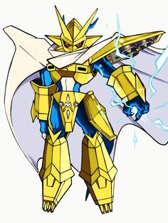 a yellow and blue robot standing in front of a white background