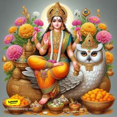 the goddess sitting on an owl surrounded by flowers and other items in front of her