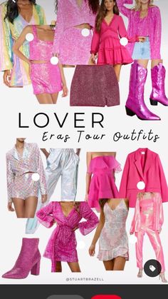 several different types of dresses and boots with text overlay that reads lover era tour outfits