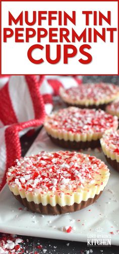 mini peppermint cups on a white plate with red and white sprinkles