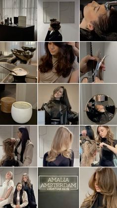 many pictures of women getting their hair done in the salon and doing different hairstyles