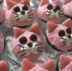 cupcakes with pink frosting and chocolate eyes are arranged in the shape of cats