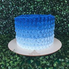 a blue and white cake sitting on top of a plate