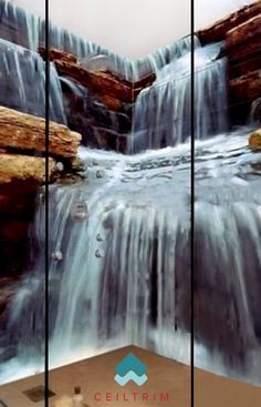 a waterfall is shown in the middle of two pictures, one with water running down it