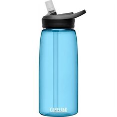 the camelbak water bottle is blue and has a straw in it's mouth