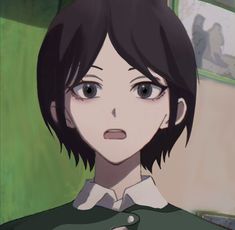 an anime character with black hair and blue eyes looking at the camera while wearing a green shirt