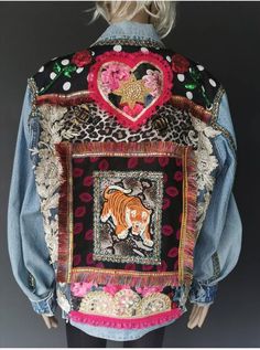 This is vintage levis denim jacket which I have customised using lots of different fabrics appliques and trim lots of them were recycled from other garments. This jacket is a real eye catching piece and is a complete one off unique piece of wearable art no one else in the world will have the same jacket as you so you can be completely unique in your styling. Please message me with any questions and I will be happy to answer. Funky Jacket, Custom Denim Jacket Paint, Patched Jacket, Denim Jacket Upcycle, Quirky Fashion Vintage, Vintage Levis Jacket, Customised Clothes, Vintage Levis Denim Jacket, Levi Denim Jacket