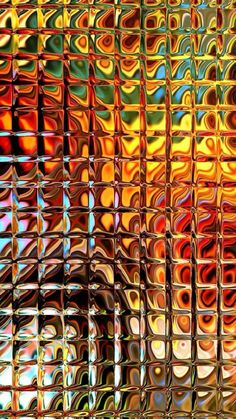 an abstract background with many different colors and shapes on it's glass surface, as well as the reflection of another object in the window