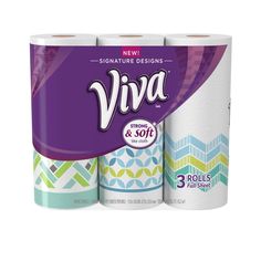 three rolls of toilet paper with the word viva on it in purple and green