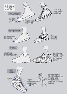 an image of different types of shoes with instructions on the front and back side, including one