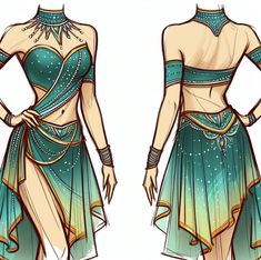 a drawing of a woman's dress in blue and green tones with gold accents