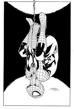 a black and white drawing of spider - man hanging upside down