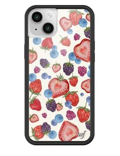 an iphone case with strawberries and blueberries on the front, in white background