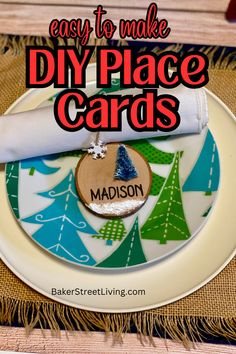 an easy to make diy place cards on a plate with napkins and christmas trees