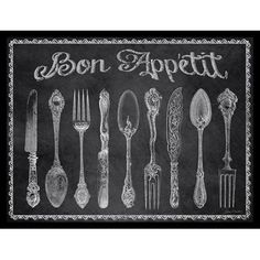 a black and white drawing of spoons and forks with the words bon appetit